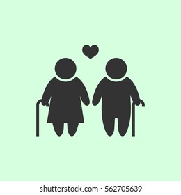 Old Couple Love People Icon Flat. Grey Vector Symbol On Green Background