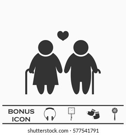 Old couple love people icon flat. Black pictogram on white background. Vector illustration symbol and bonus button