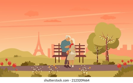 An Old Couple In Love Sitting On A Park Bench In Paris. Valentine's Day Card. Vector Illustration