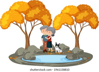 Old couple in love standing in the park isolated illustration