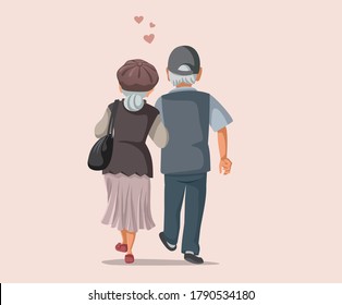 
Old Couple In Love Walking Together Vector Illustration. Vector Drawing Of An Old Man And Woman On The Path Of Life
