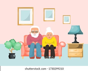 Old couple lovely male female sitting sofa, ages family evening concept relax flat vector illustration. Design cozy room, soft couch bedside table and potted plant. Man woman character take rest.