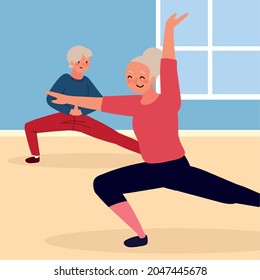 old couple making exercises cartoon