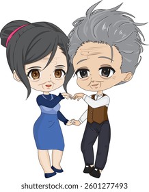 Old Couple Making Hand Shape of Heart Chibi Character Vector
