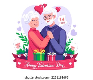 Old couple man and woman hugging each other. an elderly couple in Love. Happy Valentine's day. Vector illustration in flat style