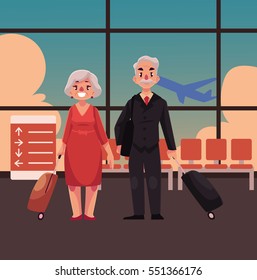 Old couple of man and woman with suitcases in airport terminal interior with a view of airplane. Full length portrait of old lady and gentleman, senior man and woman travelling together