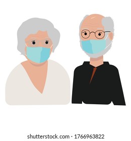 Old Couple In Medicine Masks, Retired Woman And Man In Black Hoodie. Mouth Is Available Under Mask. Vector Illustration Isolated On White Background. Grandmother And Grandfather Together On Quarantine