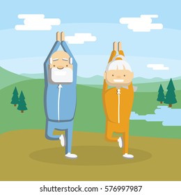 Old couple meditates outdoors.Active and healthy lifestyle for retired people.