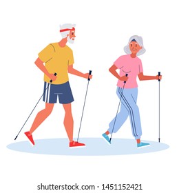 Old couple nordic walking. Outdoor activity and healthy lifestyle. Elderly people doing exercise. Isolated vector illustration in cartoon style