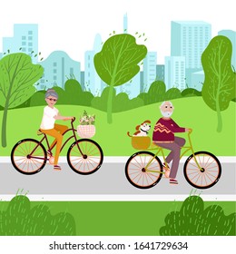 Old couple on the bicycles in the park with dog. Senior family spend time outside for healthy life. Activity time for aged people on bikes. Good exercises for urban husband and wife in vector.