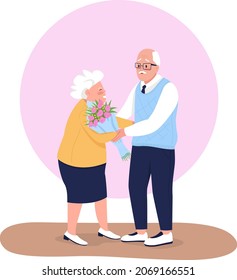 Old couple on date 2D vector isolated illustration. Old man presenting floral arrangement to wife flat characters on cartoon background. Showing affection and care with bouquet colourful scene