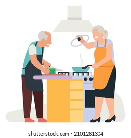 Old Couple On Kitchen. Elderly Man And Woman Cooking Together