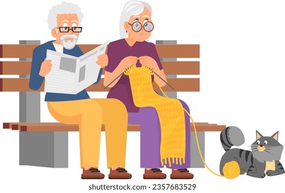 Old couple on park bench together. Happy seniors
