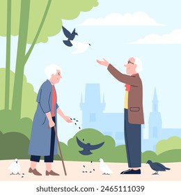 Old couple in park. Cute people feeding pigeons in city. Recreation and lifestyle on retirement, two elderly characters walking together, recent vector scene