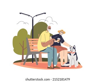 Old couple in park sit on bench with dog. Senior man and woman spend time outdoors walking happy pet. Elderly people lifestyle concept. Cartoon flat vector illustration