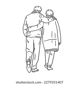 Old Couple People walking together Senior lifestyle Hand drawn line art Illustration