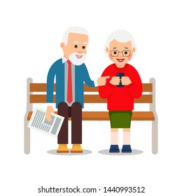 Old couple with phone. Grandmother and grandfather are sitting on bench and smiling read messages in smartphone.  Happy retirement. Cartoon illustration isolated on white background in flat style.
