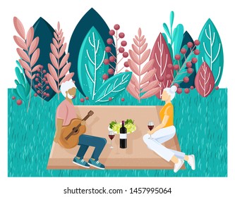 Old couple picnic Vector flat style. Summer holiday leisure. abstract flat background