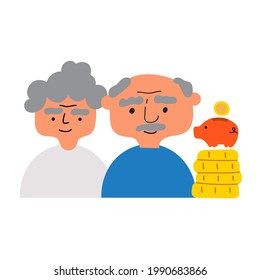 Old couple with piggy bank and gold coins. Money savings. Illustration on white background. 