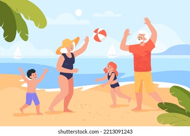 Old Couple Playing Beach Volleyball With Kids. Grandmother And Grandfather Playing Ball Game With Grandchildren Flat Vector Illustration. Family, Vacation, Summer Activity, Sports Concept For Banner