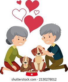Vieja pareja jugando con la ilustración de su perro