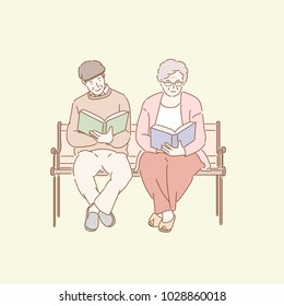 old couple reading book on the bench in the park. hand drawn style vector doodle design illustrations.