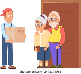 La pareja vieja recibe el paquete del envío del muchacho del mensajero