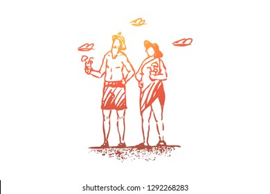 Old, couple, recreation, beach, family concept. Hand drawn happy old couple on the beach drinking cocktails concept sketch. Isolated vector illustration.