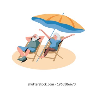 Old couple rest on beach isolated on white background