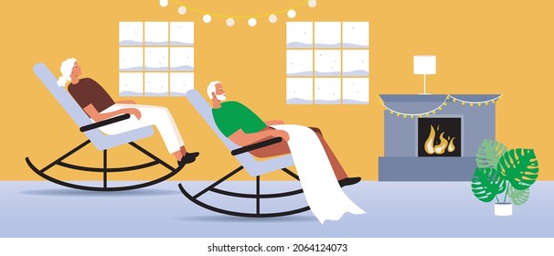 An old couple is resting, a rocking chair by the fireplace. Flat vector stock illustration. Winter interior. Couple together. Elderly people are sitting. Cozy room. Vector graphics