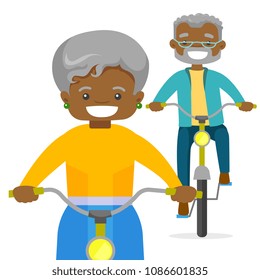 An old couple riding bikes. A healthy man and a woman use bike as a transport. Lifestyle, health and transportation concept. Vector cartoon illustration isolated on white background.