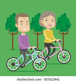 Vieja pareja montando bicicletas en el parque. Una pareja mayor montando en bicicletas en el parque. Pareja jubilada en bicicleta. Una pareja de ancianos activa disfrutando de un paseo en bicicleta. Ilustración de diseño plana vectorial. Diseño cuadrado.