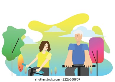 An old couple is riding an exercise bike.