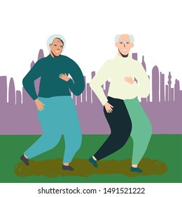 Old couple running in city park. Skyscrapers background. Elderly adults lifestyle concept. Flat cartoon style. Vector illustration.
