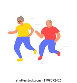 Old couple running. Vector illustration on white background. 