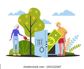Old couple save money. Idea of pension and investment for retirement. Growing money tree. Finance savings. Isolated vector illustration in cartoon style