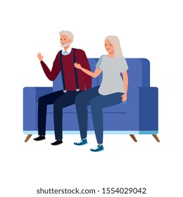 old couple seated in sofa avatar character vector illustration design