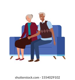 old couple seated in sofa avatar character vector illustration design