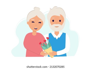 Old Couple. Senior Man Giving Flowers To His Wife. Happy Pensioners Together. International Day Of Older Persons. Vector Illustration In Flat Style
