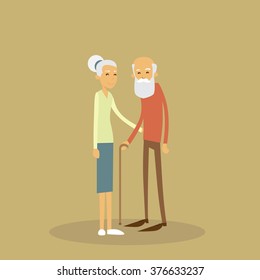 Old Couple Senior Man Woman Stand With Stick Flat Vector Illustration