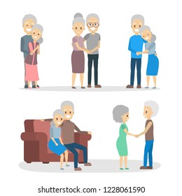 Old couple set. Cute elderly character happy together. Grandmother and grandfather in love. Isolated flat vector illustration