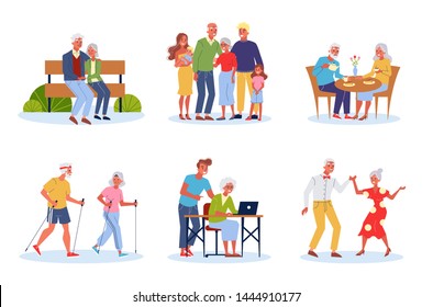 Old couple set. Elderly people spend time together and with family. Woman and man on retirement. Aged people doing sport exercise. Vector illustration in cartoon style