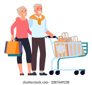 Old couple with shopping cart. Happy senior consumers