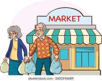old couple shopping for groceries vector illustration