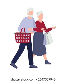 Old couple shopping. Grocery store. Customer with shopping cart. Elderly character on the big sale in supermarket. Isolated flat illustration