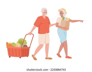 Old couple shopping together semi flat color vector characters. Grocery store. Editable figures. Full body people on white. Simple cartoon style illustration for web graphic design and animation
