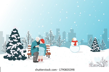 Old couple siiting on the banch in the winter city park. Merry chrastmas card and happy new year. Vector illustration