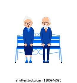 Old couple sit on bench. An elderly man sits on bench and smiling looking at an elderly woman sitting next to him. Illustration of people characters isolated on white background in flat style.
