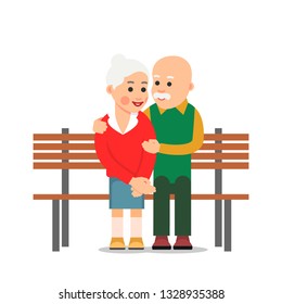 Old couple sit on bench. Elderly man hugs the woman. He smiling looking at an elderly woman sitting next to him. Illustration of people characters isolated on white background in flat style.


