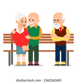 Old couple sit on bench. Elderly man hugs the woman. Next to happy couple is a lonely sad person. Romantic relationship. Illustration of people characters isolated on white background in flat style.
